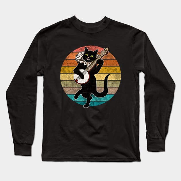 Vintage Cat Playing Banjo Long Sleeve T-Shirt by valentinahramov